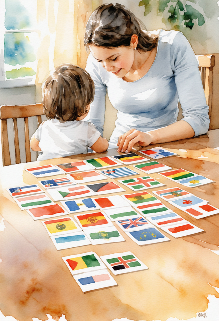 World Flags Watercolor Flashcards - 54 Countries EN+PL